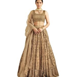 TRENDMALLS Women's Net Embroidery Lehenga Choli With Net Dupatta (L144-Gold, Semi stitched)